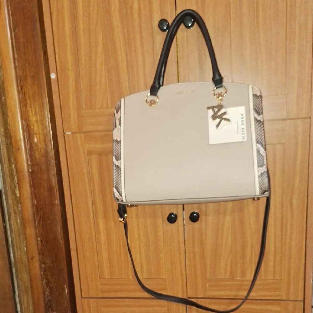 Anne Klein Taupe and Black Satchel with Snakeskin Accents - Picture 4 of 6